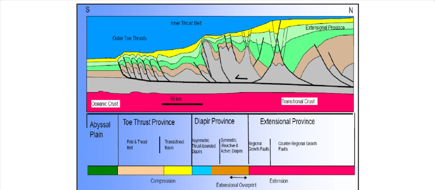 Schematic of a seismic section from the Niger Delta continental slope rise showing the