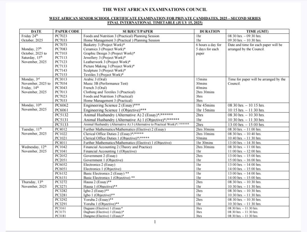 2025 WAEC GCE 2nd Series CBT Timetable