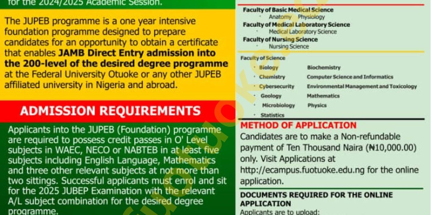 Federal University Otuoke (FUOTUOKE) JUPEB Admission Form for 2026/2027 2 Federal University Otuoke (FUOTUOKE) JUPEB Admission Form for 2026/2027